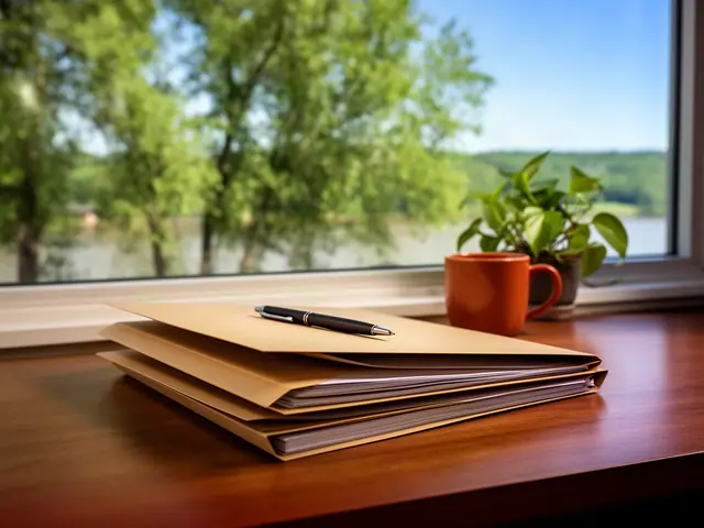 A neat stack of closed manila folders and a pen on a desk by a window.