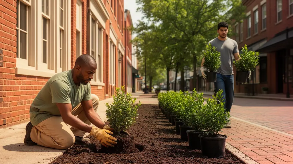 A landscaper kneeling to plant young boxwoods in a new main-street bed as a coworker brings more.