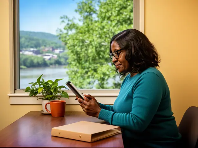A catering owner reviewing her accounts on a tablet at a walnut desk.