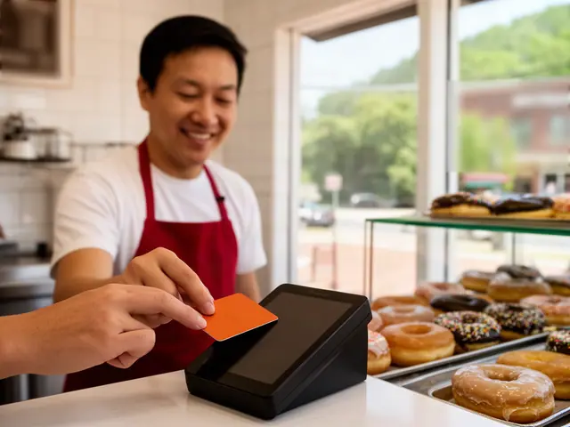 A customer paying by card at a donut-shop counter, the smiling owner behind.