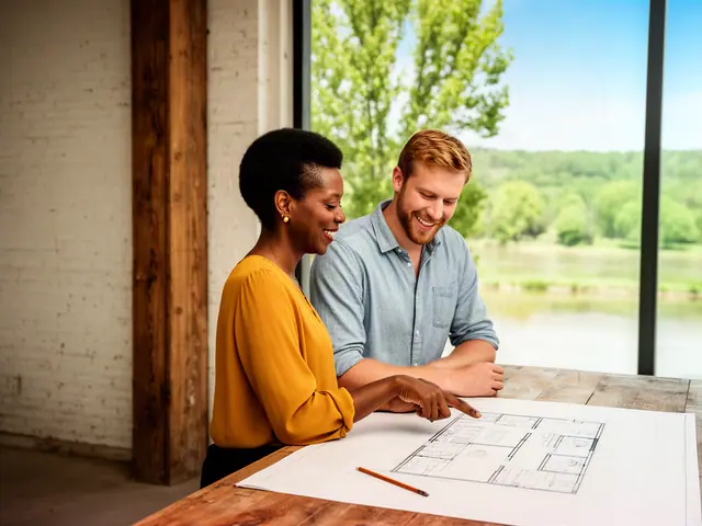Two business partners looking over a pencil floor sketch in an empty storefront.