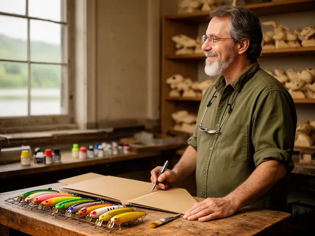 A lure maker at his workbench beside a rack of freshly painted wooden fishing lures.